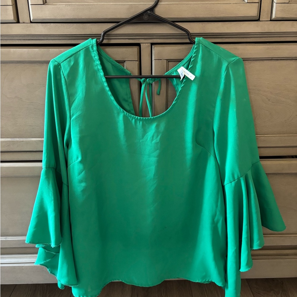 Truth Green Bell Sleeve Blouse with Tie Front